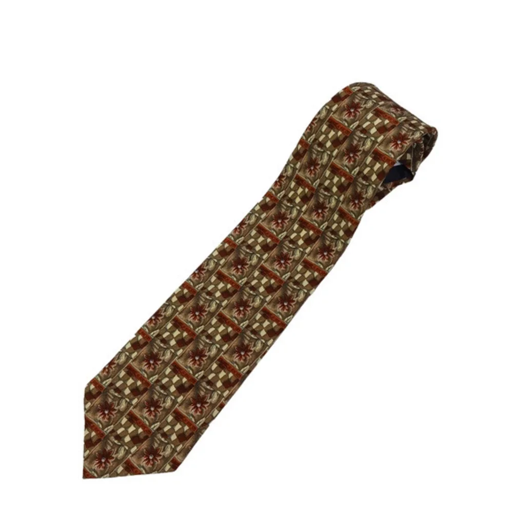 Vintage Escada Silk Neck Tie Made in Italy Brown Floral Geometric‎ 70s Designer